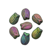 Load image into Gallery viewer, Czech glass tulip flower bud beads charms 8pc matte rainbow metallic 16x11mm-Orange Grove Beads
