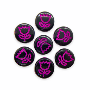 Czech glass tulip flower coin beads 16pc jet black with pink inlay 12mm-Orange Grove Beads