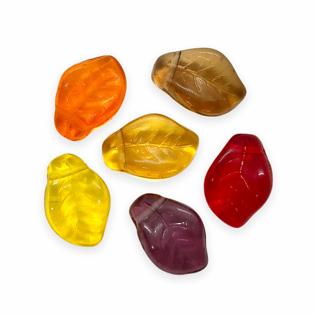 Czech glass fall wavy leaf beads mix 24pc red orange yellow brown