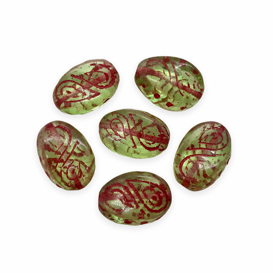 Czech glass twisted oval beads 8pc light green with paisley and pink inlay-Orange Grove Beads
