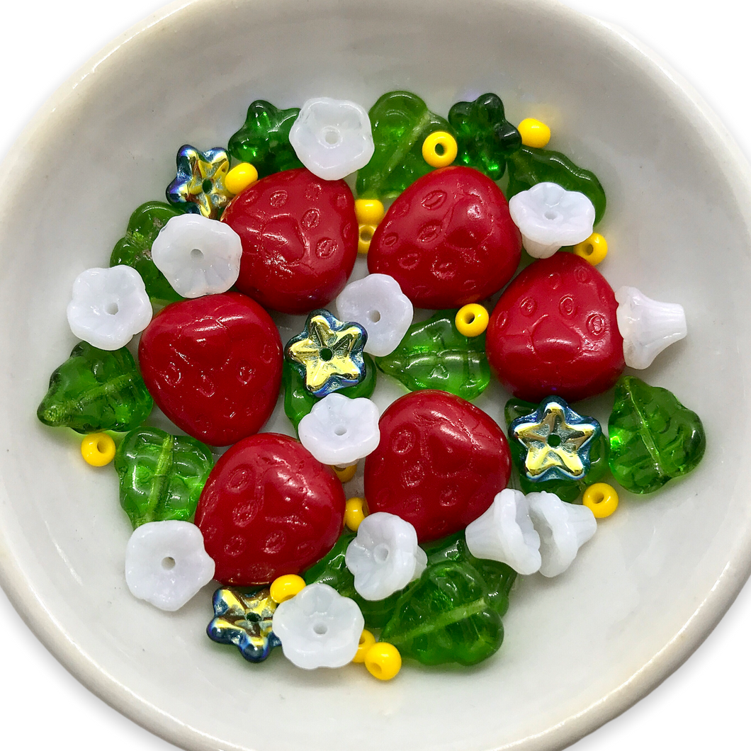 Czech glass strawberry fruit beads charms mix 36pc with leaves, & flowers #3-Orange Grove Beads