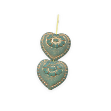Load image into Gallery viewer, Czech glass Victorian heart flower beads 4pc opaline blue copper 17mm UV glow

