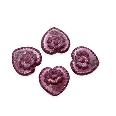 Czech glass Victorian heart flower beads charms 4pc dark red metallic pink 17mm-Orange grove Beads