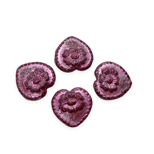 Czech glass Victorian heart flower beads charms 4pc dark red metallic pink 17mm-Orange grove Beads