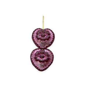 Czech glass Victorian heart flower beads 4pc dark red metallic pink 17mm