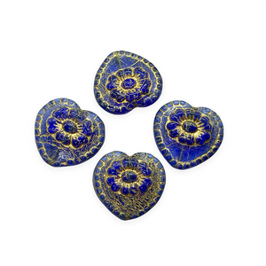 Czech glass Victorian heart flower beads charms 4pc translucent blue gold wash 17mm-Orange Grove Beads