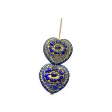 Load image into Gallery viewer, Czech glass Victorian heart flower beads charms 4pc translucent blue gold wash 17mm
