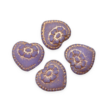 Load image into Gallery viewer, Czech glass Victorian heart flower beads charms 4pc opaline purple copper 17mm-Orange Grove Beads
