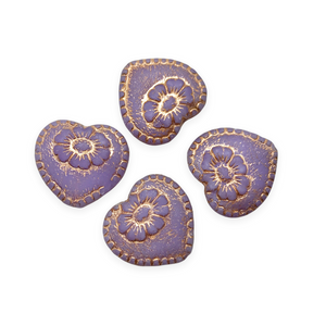 Czech glass Victorian heart flower beads charms 4pc opaline purple copper 17mm-Orange Grove Beads