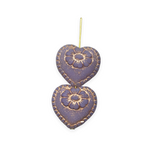 Load image into Gallery viewer, Czech glass Victorian heart flower beads charms 4pc opaline purple copper 17mm
