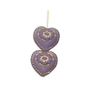 Czech glass Victorian heart flower beads charms 4pc opaline purple copper 17mm