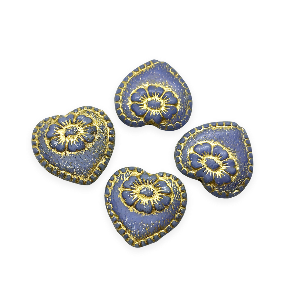 Czech glass Victorian heart flower beads charms 4pc blue metallic gold17mm-Orange Grove Beads