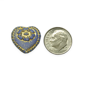 Czech glass Victorian heart flower beads charms 4pc blue metallic gold17mm