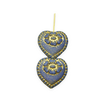 Load image into Gallery viewer, Czech glass Victorian heart flower beads charms 4pc blue metallic gold17mm

