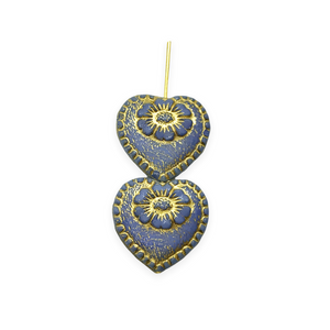 Czech glass Victorian heart flower beads charms 4pc blue metallic gold17mm