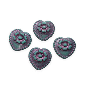 Czech glass Victorian heart flower beads charms 4pc blue metallic pink 17mm-Orange Grove Beads