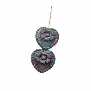 Czech glass Victorian heart flower beads charms 4pc blue metallic pink 17mm