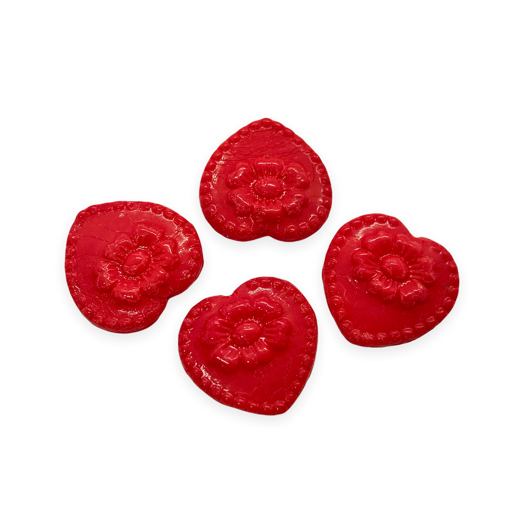 Czech glass Victorian heart flower beads charms 4pc classic opaque red 17mm-Orange grove Beads
