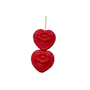 Czech glass Victorian heart flower beads 4pc red 17mm