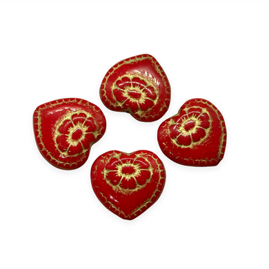 Czech glass Victorian heart flower beads charms 4pc opaque red gold 17mm-Orange Grove Beads