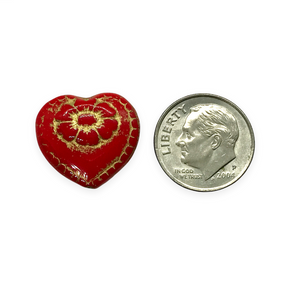 Czech glass Victorian heart flower beads 4pc opaque red gold 17mm