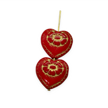 Load image into Gallery viewer, Czech glass Victorian heart flower beads 4pc opaque red gold 17mm
