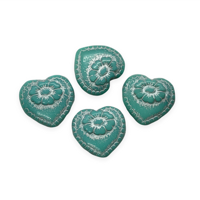 Czech glass Victorian heart flower beads charms 4pc turquoise silver 17mm-Orange Grove Beads