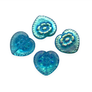 Czech glass Victorian heart flower beads charms 4pc aqua blue AB 17mm-Orange Grove Beads