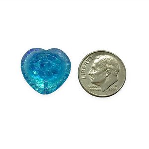 Czech glass Victorian heart flower beads 4pc aqua blue AB 17mm