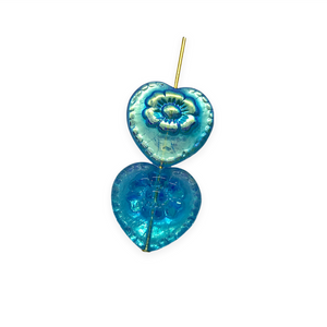 Czech glass Victorian heart flower beads 4pc aqua blue AB 17mm