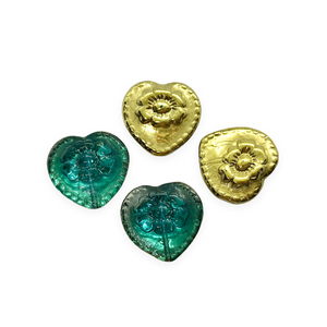 Czech glass Victorian heart flower beads charms 4pc blue green gold 17mm-Orange Grove Beads