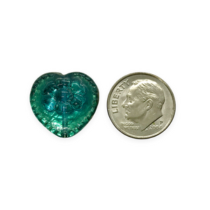Czech glass Victorian heart flower beads charms 4pc blue green gold 17mm