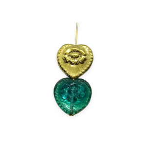 Czech glass Victorian heart flower beads charms 4pc blue green gold 17mm