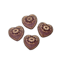 Load image into Gallery viewer, Czech glass Victorian heart flower beads charms 4pc purple copper wash 17mm-Orange Grove Beads
