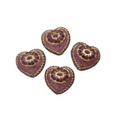 Czech glass Victorian heart flower beads charms 4pc purple copper wash 17mm-Orange Grove Beads