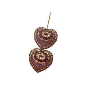 Czech glass Victorian heart flower beads charms 4pc purple copper wash 17mm