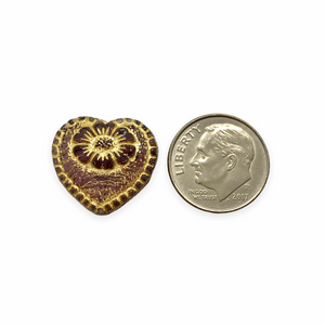 Czech glass Victorian heart flower beads 4pc purple gold 17mm