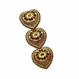 Czech glass Victorian heart flower beads charms 4pc purple gold wash 17mm