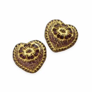 Czech glass Victorian heart flower beads charms 4pc purple gold wash 18mm-Orange Grove Beads