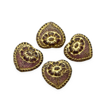 Load image into Gallery viewer, Czech glass Victorian heart flower beads 4pc purple gold 17mm
