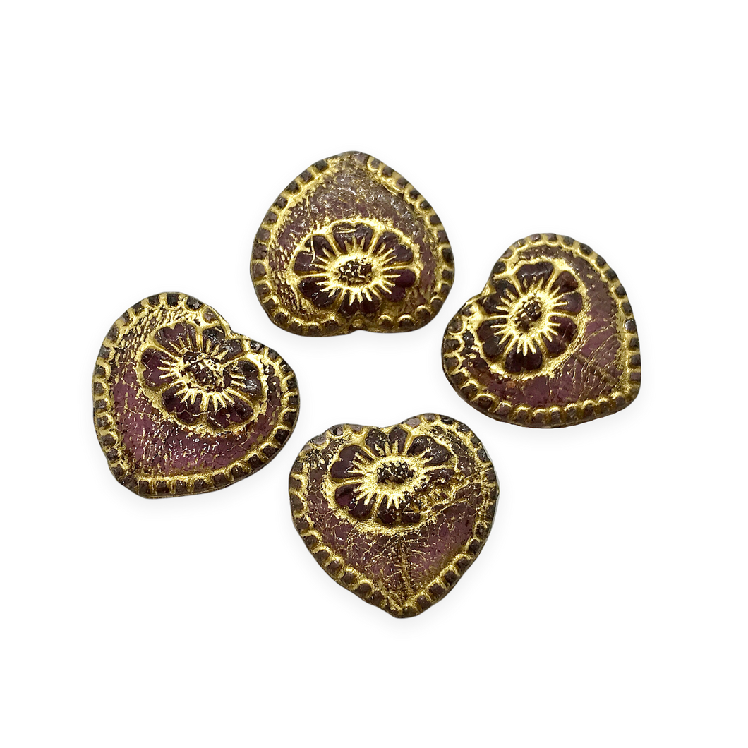 Czech glass Victorian heart flower beads charms 4pc purple gold wash 17mm