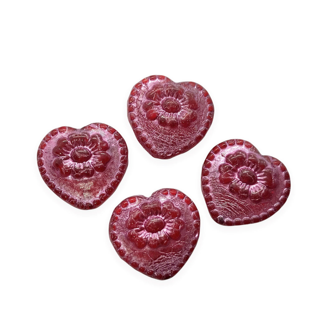 Czech glass Victorian heart flower beads charms 4pc red metallic pink 16mm-Orange Grove Beads
