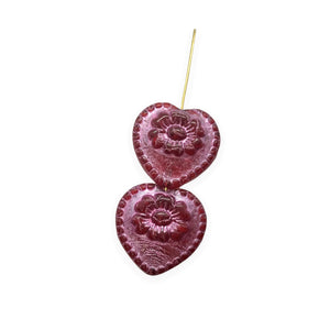 Czech glass Victorian heart flower beads charms 4pc red metallic pink 17mm
