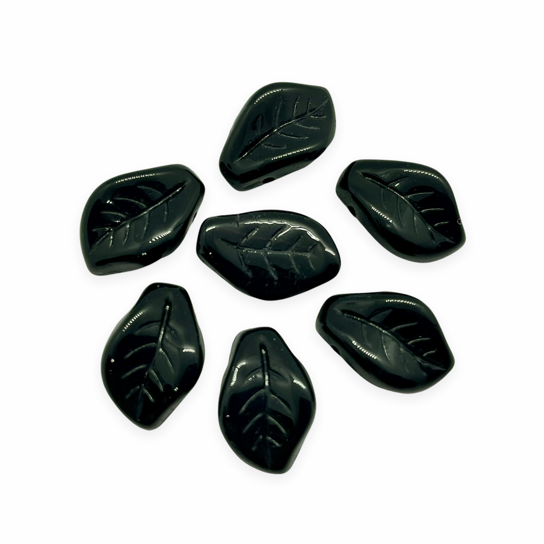 Czech glass wavy leaf beads 20pc opaque jet black 14x10mm-Orange Grove Beads
