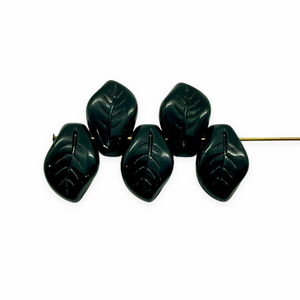 Czech glass wavy leaf beads 20pc opaque jet black 14x10mm