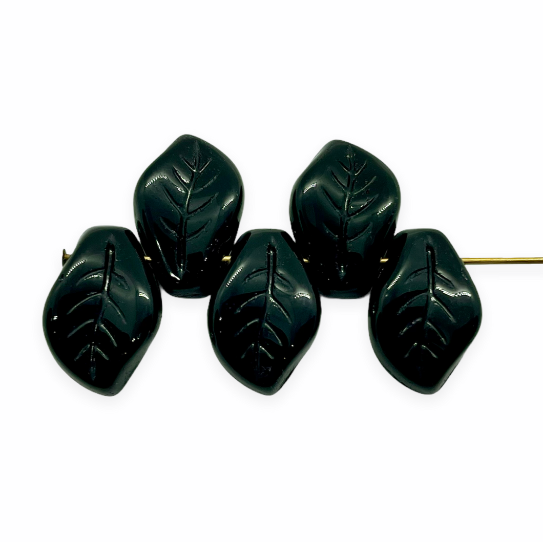 Czech glass wavy leaf beads 20pc jet black 14x10mm