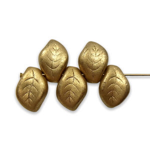 Czech glass wavy leaf beads 24pc matte gold 14x9mm-Orange Grove Beads