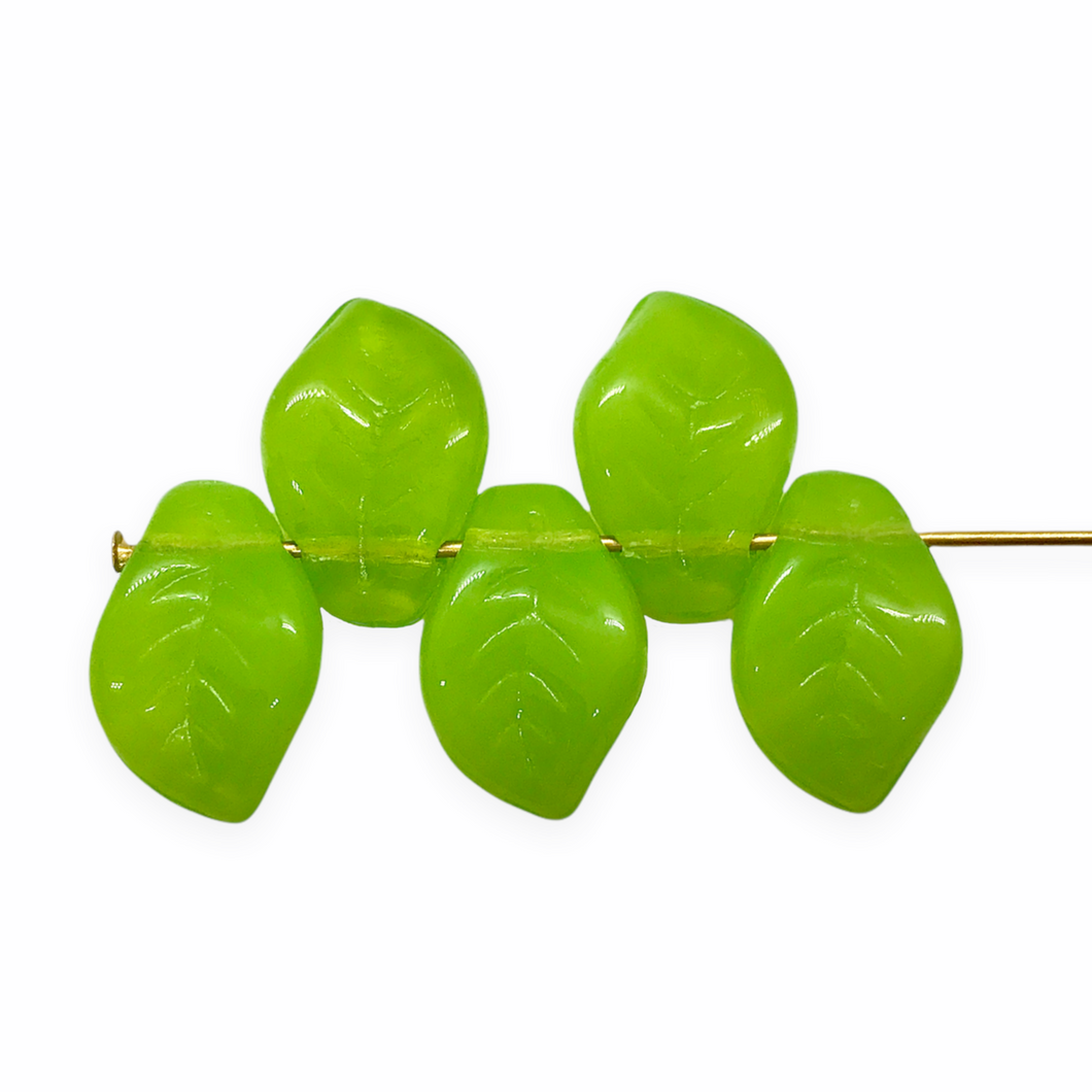 Czech glass wavy leaf beads 20pc milky spring green shiny 14x9mm