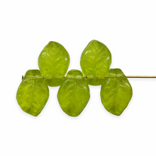 Load image into Gallery viewer, Czech glass wavy leaf beads 20pc translucent olivine green shiny 14x9mm
