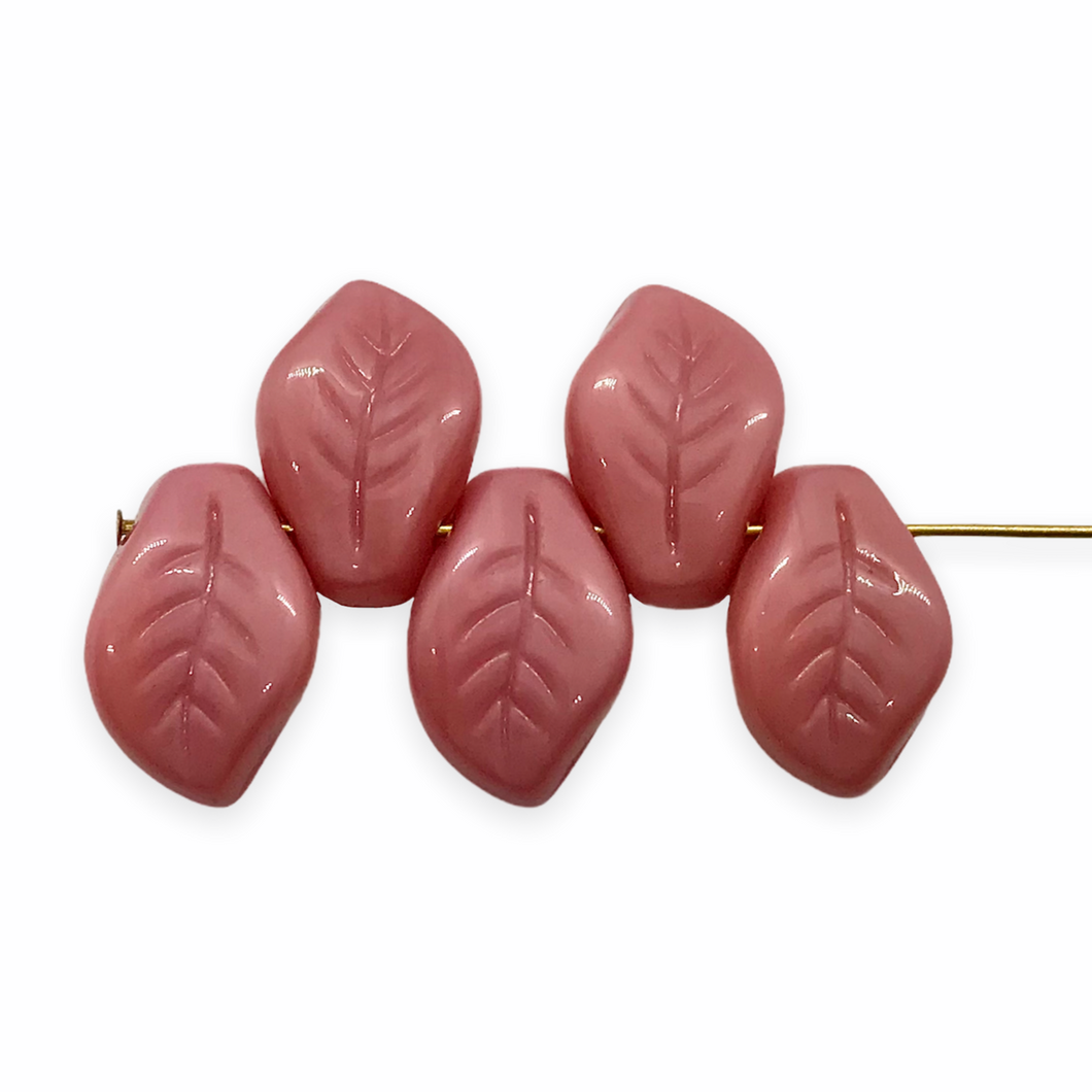 Czech glass wavy  leaf beads 20pc opaque satin pink 14x9mm